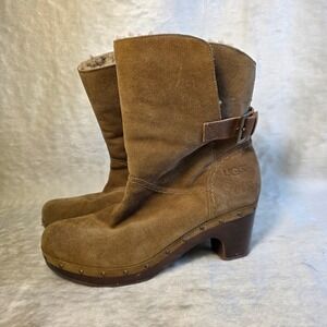 UGG Abbie Clog Boots Chestnut Suede Shearling Lined Chunky Wood Women 10
